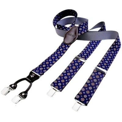 Imagen de DonDon tirantes hombre anchos 3,5 cm con 4 clips extra fuertes para pantalones y parche de cuero marrón azul obscuro dibujos