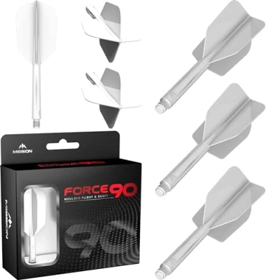Imagen de Mission Darts Force 90 Sistema integrado de vuelo y eje dardos moldeado precisión, paquete 3 plumas tallos combinados profesionales altamente duraderos 2 en 1 Delgado (blanco, mediano)