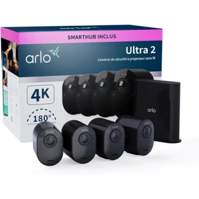 Imagen de Arlo Ultra 2 Camara de Vigilancia WiFi Exterior 4K, Interior, Sensor Movimiento, Alarmas Para Casa, Visión Nocturna Color, Prueba Secure Incluida , 4 Cámaras, Negras