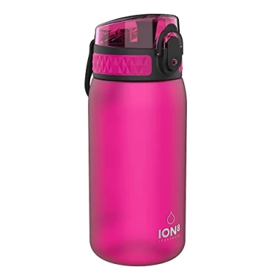 Imagen de Ion8 Botella de Agua para Niños, 350ml, a Prueba Fugas, Fácil Abrir, Cerradura Segura, Apta Lavavajillas, Sin BPA, Asa Transporte, Limpiar, Neutro en Carbono, Rosa