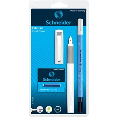 Imagen de Schneider Ceod Classic Juego de escritura con pluma estilográfica, 6 cartuchos y matador tinta (usuarios diestros zurdos, punta M, color la tinta: azul rey) blanco