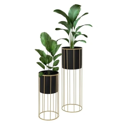 Imagen de ML Design 2 Soportes para Plantas de Metal Negro Dorado Macetero Pedestal 21x46,7/24x70,5 cm Jardinera Interior o Exterior Industrial Decorativo Construcción Robusta y Estable Flores
