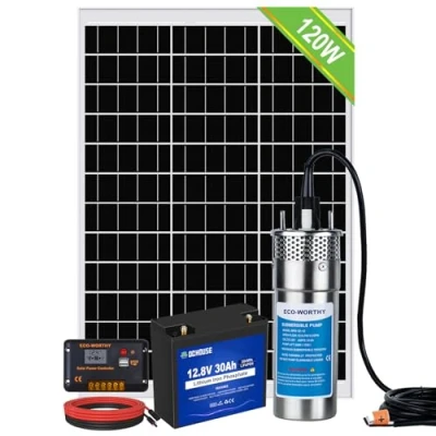 Imagen de DCHOUSE Juego de bombas solares para pozos con batería respaldo, bomba agua acero inoxidable 12V + kit panel solar 120W 24Ah controlador 20 A pozo, riego