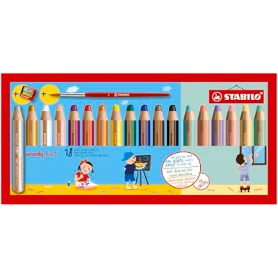Imagen de Lápiz de color multitalento STABILO woody 3 en 1 Pack 18 con sacapuntas y pincel, 12 estándar 6 colores pastel
