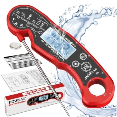 Imagen de POWSAF Termometro Cocina, Termómetro Carne Digital, Horno de Lectura Instantánea Ultrarrápida, Resistente al Agua IPX6, con Sonda Larga Plegable y Pantalla LCD, Color Rojo