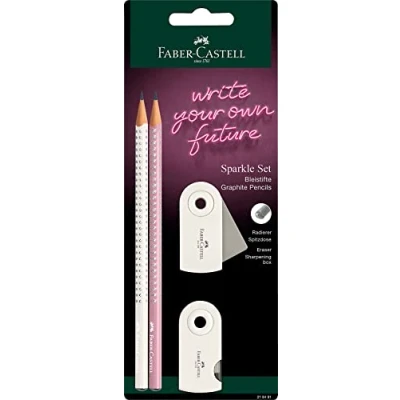 Imagen de Faber Castell 218481 Blister 2 lápices Sparkle perlado, goma y afila sleeve mini. Sombra rosa leche de coco