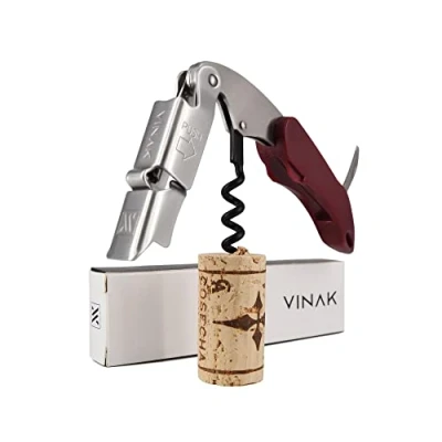 Imagen de VINAK Sacacorchos camarero profesional XPERT en acero inoxidable con doble apoyo articulado + abrebotellas navaja cortacápsulas y espiral teflonada (Burdeos)