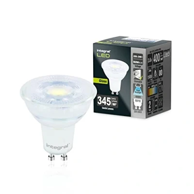 Imagen de Integral Bombilla LED 5 PACK Vidrio GU10 Frío Natural 6500K, 400LM, 3,6W (equivalente a 50W) No Regulable Eficiencia energética e ideal para focos y luces empotradas en baños, cocinas, salones