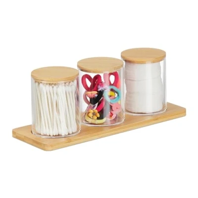 Imagen de Relaxdays Contenedor de hisopos algodón Organizador Maquillaje Triple con Bandeja, 3 Contendores Tapa, Plástico y Bambú, Transparente Natural, 10 x 27 9 cm
