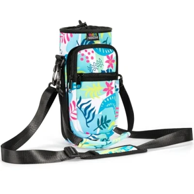 Imagen de Nuovoware Bolsillo de Botella Agua Portátil Neopreno, con Correa Hombro a Prueba Caída, Funda Impermeable 710ml Protectora para Viaje Hojas Colores