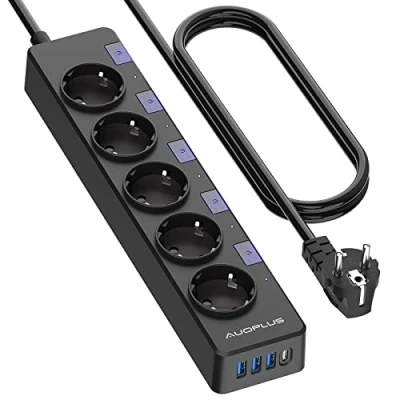 Imagen de AUOPLUS Regletas Enchufes Multiple con 5 Toma de Corriente y 4 USB Puertos(3 A+1 C),Regleta Proteccion Sobretension Interruptores,,Cable 3M,3680W/16A,Negro