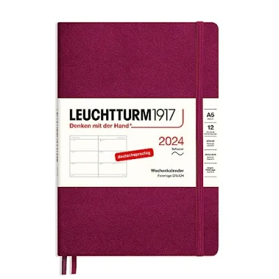 Imagen de LEUCHTTURM1917 367657 Agenda semanal mediana (A5) 2024, tapa blanda, color rojo puerto, alemán, 12 meses