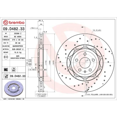 Imagen de BREMBO 09.D482.33 disco de freno 370 30 5 perforado/ventil. int., dos piezas revestido altamente carbonizado