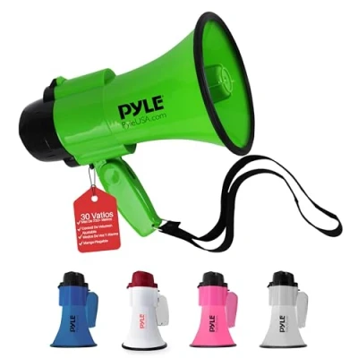 Imagen de Pyle megafono, Portatil, Altavoz, Sirena, Compacto, Funciona con Pilas, Potencia de 30V, Microfono, Sonido PA, Mango Plegable, Ideal para policias, Porristas, Entrenadores