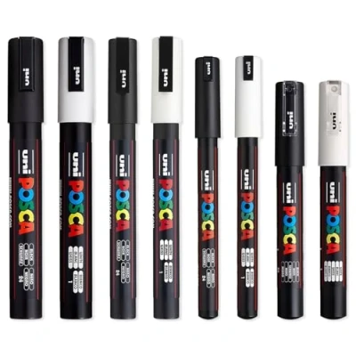 Imagen de Posca Negro Blanco Fino a Medio Conjunto de 8 Bolígrafos (PC 5M, PC 3M, 1M, 1MR)