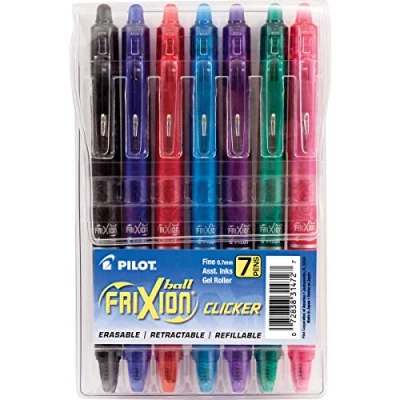 Imagen de Pilot FriXion Clicker Bolígrafos de tinta gel borrables, recargables y retráctiles, punta fina, tintas colores surtidos, 7 unidades (paquete 1) (31472)