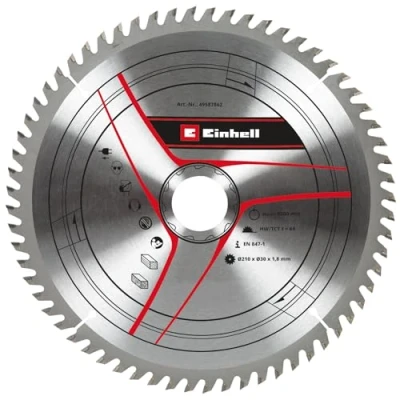 Imagen de Einhell Hoja de sierra circular (210 x 30 mm, diámetro 210 soporte 64 dientes, ancho corte 1,8 para sierras ingletadoras y circulares mesa inalámbricas)