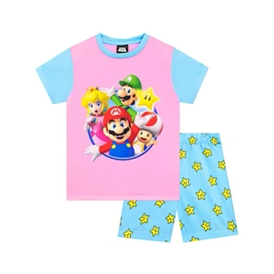 Imagen de SUPER MARIO Pijama Corto de para Niñas Conjunto Pijamas Infantiles 8 9 años Rosa y Azul