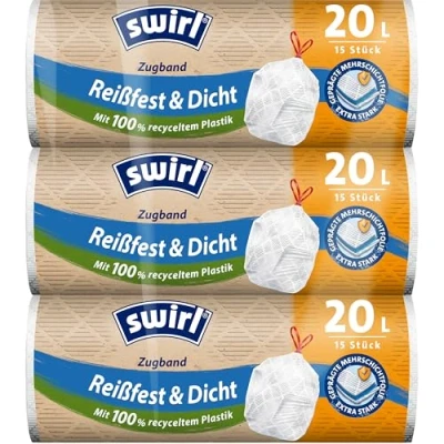 Imagen de Swirl Bolsas de basura resistentes y herméticas con cordón, 20 L, 3 unidades 45 bolsas, extrafuertes, a goteo