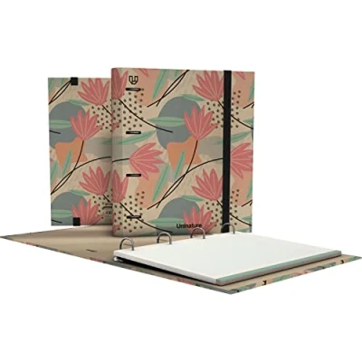 Imagen de Unipapel Archivador 4 Anillas Ecológico A4 Incluye Recambio 100 Hojas Recicladas 90g Cuadriculadas 5x5 Bandas de Color Uninature Design Flores FSC Recycled 100% Carpebook