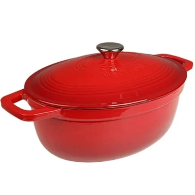 Imagen de VeoHome Cazuela de hierro fundido Rojo 6 litros Óvalo Olla compatible con inducción y todas las fuentes calor. Guiso versátil