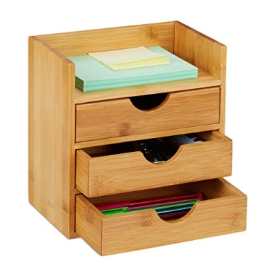 Imagen de Relaxdays Organizador de Escritorio, Soporte para Cartas, Tres cajones, Bambú, 21x20x13 cm, 1 Ud., Marrón