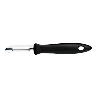Imagen de FISKARS Pelador con hoja de acero inoxidable para frutas y verduras, Plástico/acero inoxidable, Longitud la hoja: 6 cm, Essential, negro/plateado, 1065585