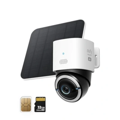 Imagen de eufy Security Camara vigilancia WiFi Exterior 4G LTE CAM S330, 4K UHD con Movimiento Horizontal y Vertical, Panel Solar, Seguimiento IA de Personas/vehículos, Sim Card (Reacondicionado)