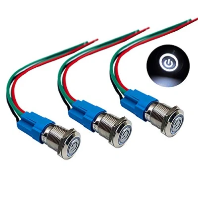 Imagen de QitinDasen 3Pcs Premium 12V / 24V 3A Interruptor de Botón Autoblocante, 12mm Metálico, LED Blanco Pulsador Impermeable IP66 con Enchufe Cable