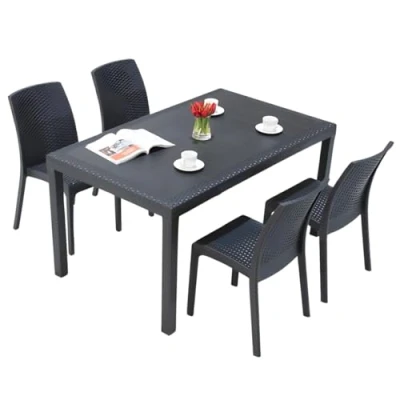 Imagen de Tomaino juego de mesa y sillas jardín plástico 4 plazas, para exterior, balcón, comedor Apilables efecto ratán (negro)