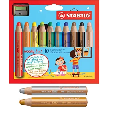 Imagen de Lápiz de colores, acuarela y tiza cera STABILO woody 3 en 1 Pack 10 con sacapuntas plata, dorado