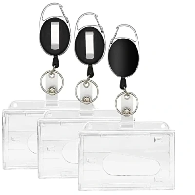 Imagen de Juego de 3 soportes para tarjetas identificación con llave retráctil, llavero clip, extensible, mosquetón y clip cinturón fijación.