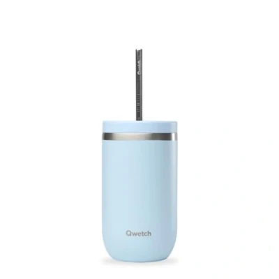 Imagen de Qwetch Cold Cup isotérmica 470 ml pastel azul 24 h helado &amp; 12 frío acero inoxidable reciclado, antisalpicaduras ideal para bebidas frescas, té de burbujas y café