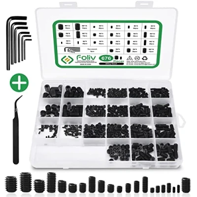 Imagen de Foliv Juego de 676 tornillos prisioneros M2, M3, M4, M5, M6, M8, prisioneros, hexágono interior, DIN 913, cabeza hexagonal con llave para tirador puerta, pomo