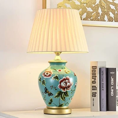 Imagen de HvKvHvY lámpara de mesa cerámica vintage, lamparas mesita noche estar, dormitorio, tela blanca, luz libro lectura, escritorio, lampara pie salon E27 estilo,Amarillo