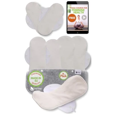 Imagen de Compresas Reutilizables Ecológicas de Bambú Puro; 7 Pack (tamaños S,M,L,XL) Tela Lavables HECHAS EN LA UE; Mujer Organico para menstruación, postparto, incontinencia