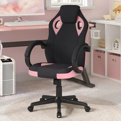 Imagen de WOLTU Silla Gaming en Tela Transpirable, de Oficina Ergonómica, Giratoria con Ruedas Silenciosas, Sillas Ordenador Reposacabezas y Apoyabrazos, Carga Máxima 150 kg,Negro+Rosa,BS142swr