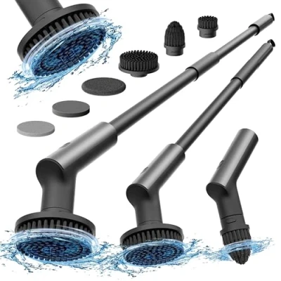 Imagen de Cepillo Electrico Limpieza Hogar, HOTO con 6 Reemplazables, 2 Velocidades, Mango Ajustable 90 120CM, IPX7 Resistente al Agua, para Baño, Cocina, Coche, Tina
