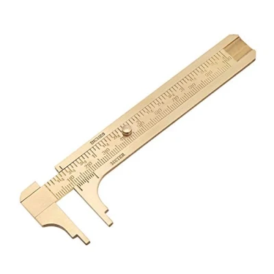 Imagen de pie de rey + Calibre Vernier retro, 1 PC Mini indicador deslizante latón bolsillo Herramienta medición regla Escalas dobles mm/pulgada(100mm)