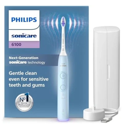 Imagen de Philips Sonicare 6100 cepillo dental eléctrico, sónico con 2 modos de cepillado y 3 niveles intensidad, alerta presión, EasyStart, SmarTimer BrushPacer, azul claro, HX7406/02