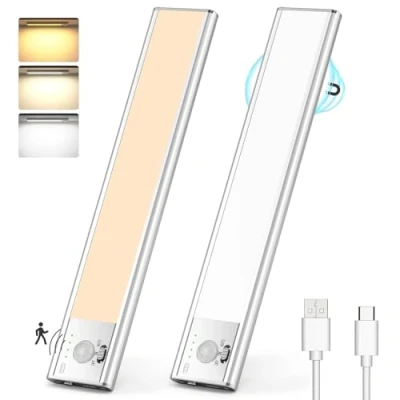 Imagen de Lureshine Luz de Armario, 76 LEDs led con Sensor Movimiento USB Recargable Adhesiva, Brillo Regulable 3 Colores Luces Cocina Bajo Mueble Para Escalera, Pasillo, Garaje 2 Packs