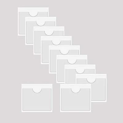 Imagen de BAIWOAK 10 fundas adhesivas transparentes, soportes autoadhesivos de plástico para etiquetas, tarjetas índice, planificadores, armarios, estantes (105 x 100 mm)
