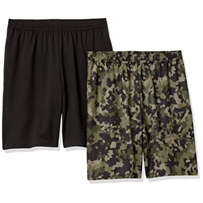 Imagen de Amazon Essentials Pantalón Corto Holgado, técnico y de Estilo Deportivo (Disponible en Tallas Grandes Largos Especiales) Hombre, Pack 2, Negro/Verde Camuflaje Geométrico, L