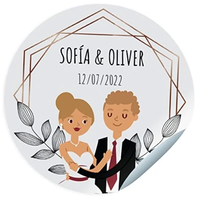 Imagen de Etiquetas adhesivas boda. Pegatinas personalizadas con nombre y fecha para los regalos de tus invitados. Tamaño 45mm/60mm/70mm diámetro.