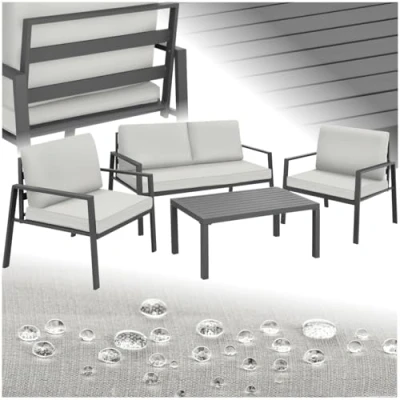 Imagen de tectake® Conjunto de Muebles Jardín 4 Piezas, 2 Sillones con Cojines Extragruesos, Jardin Exterior, Sofa y Mesa, Estructura Robusto Impermeable, Terraza Exterior Gris Claro
