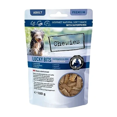 Imagen de Chewies Lucky bits Golosinas para Perros de Perca río y Pollo Adultos, sin Cereales Suaves, con Muchas proteínas superalimentos como levadura Cerveza o Ginkgo, azúcar (100 g)