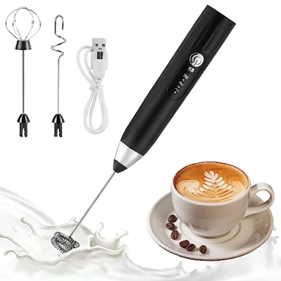 Imagen de Weinsamkeit Espumador de Leche Eléctrico Mano con 3 Velocidades Batidora Espuma Cabezales Acero Inoxidable USB Recargable Batidor para Leche, Café, Capuchino