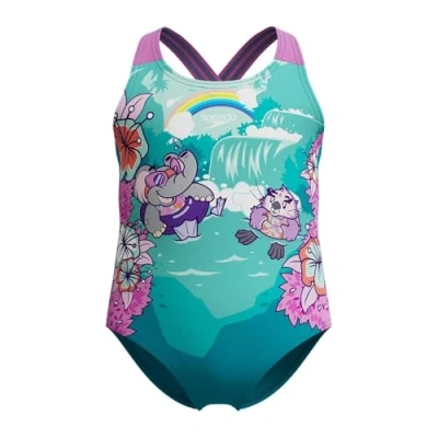 Imagen de Speedo Learn to Swim Printed Crossback Swimsuit, Chlorine Resistant, Recycled Fabric, Stretchy Fabric Traje de baño para Niñas, Neon Violet, 4 années