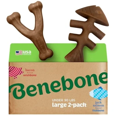 Imagen de Benebone Paquete de 2 Juguetes masticables indestructibles Espina Pescado/Espina Hueso silbido para Perros, rompeaburrimiento Resistente Larga duración
