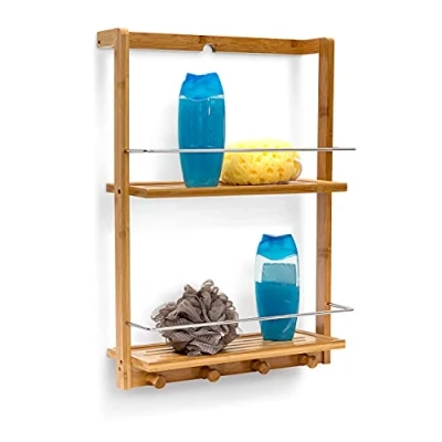 Imagen de Relaxdays Colgante de bambú con 2 estantes Acero Resistente a la Humedad Ducha, 53x38x15.5 cm, Hierro, H x B T: ca. 53 38 15,5 cm